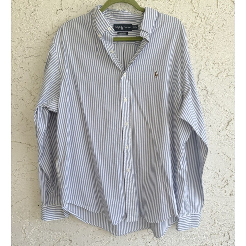 RALPH LAUREN Mens Long Sleeve Shirt Blue White Striped Classic Fit Size XL